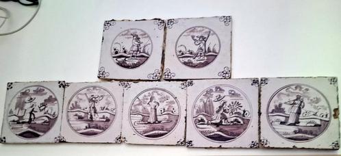 set van 7 x 18eeuwse mangaantegels platteland en jacht, Antiek en Kunst, Antiek | Keramiek en Aardewerk, Verzenden