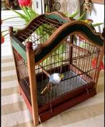 Cage à oiseaux vintage en bois avec 2 faux oiseaux, Enlèvement ou Envoi
