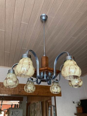 Lustre vintage art déco en opaline marbrée beige, Enlèvement ou Envoi