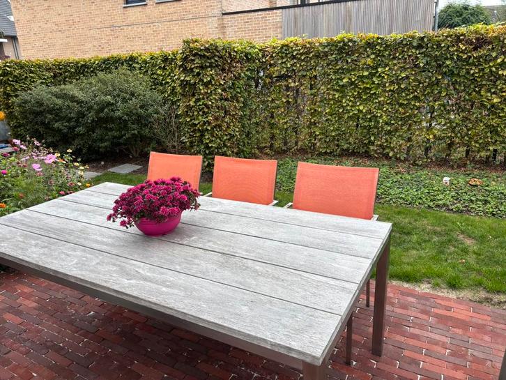 Design tuintafel + 6 stoelen RVS, Tuin en Terras, Tuinsets en Loungesets, Zo goed als nieuw, Hardhout, Ophalen