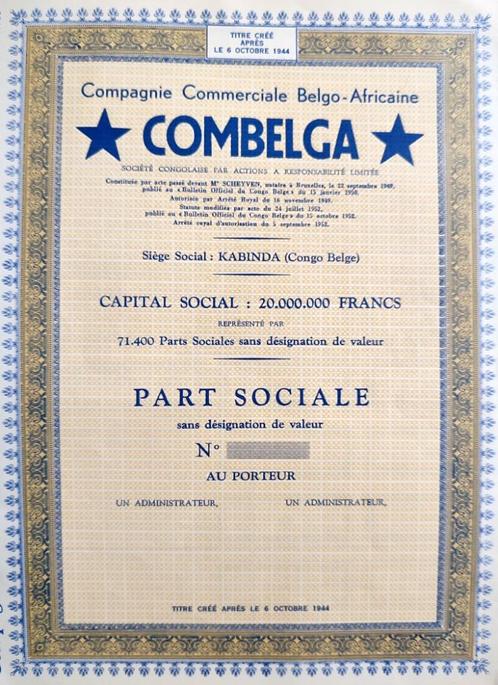 Combelga (Belgisch Congo) 1952, Timbres & Monnaies, Actions & Titres, Action, 1950 à 1970, Enlèvement ou Envoi