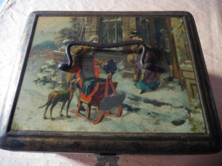 Très ancienne boîte en métal décorée, Collections, Boîte en métal, Utilisé, Enlèvement ou Envoi