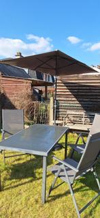 Tuintafel + stoelen + parasol en voet, Tuin en Terras, Ophalen, Gebruikt, Rechthoekig, Aluminium