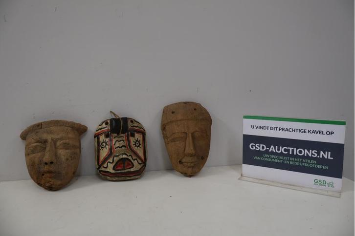 Set van 3 Vintage Oosterse Houten Maskers, Antiek en Kunst, Curiosa en Brocante