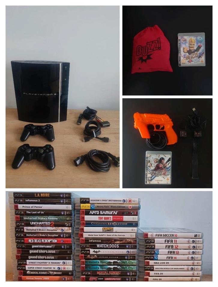 PS3 Console - 3 controllers - Buzz - Gun - 40+ games, Games en Spelcomputers, Spelcomputers | Sony PlayStation 3, Zo goed als nieuw