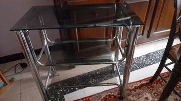 Sixtees vintage Chrome TV meubel tafel met glas op wieltjes