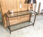 smalle ijzeren muurtafel met glas L 123cm D 38cm H 77cm, Huis en Inrichting, Tafels | Sidetables, Ophalen, Gebruikt, 100 tot 150 cm