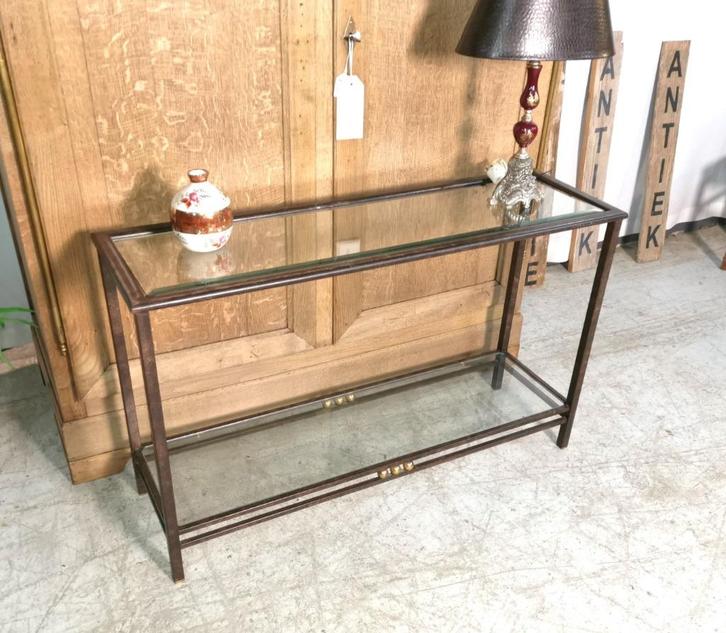 table murale étroite en fer avec verre L 123cm D 38cm H 77cm, Maison & Meubles, Tables | Dessertes, Utilisé, 25 à 50 cm, 100 à 150 cm