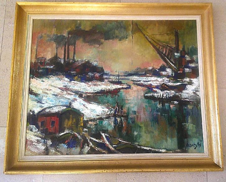 Haventje in de winter - Frater Alfons Aerts (1919 -1979), Antiek en Kunst, Kunst | Schilderijen | Klassiek, Ophalen