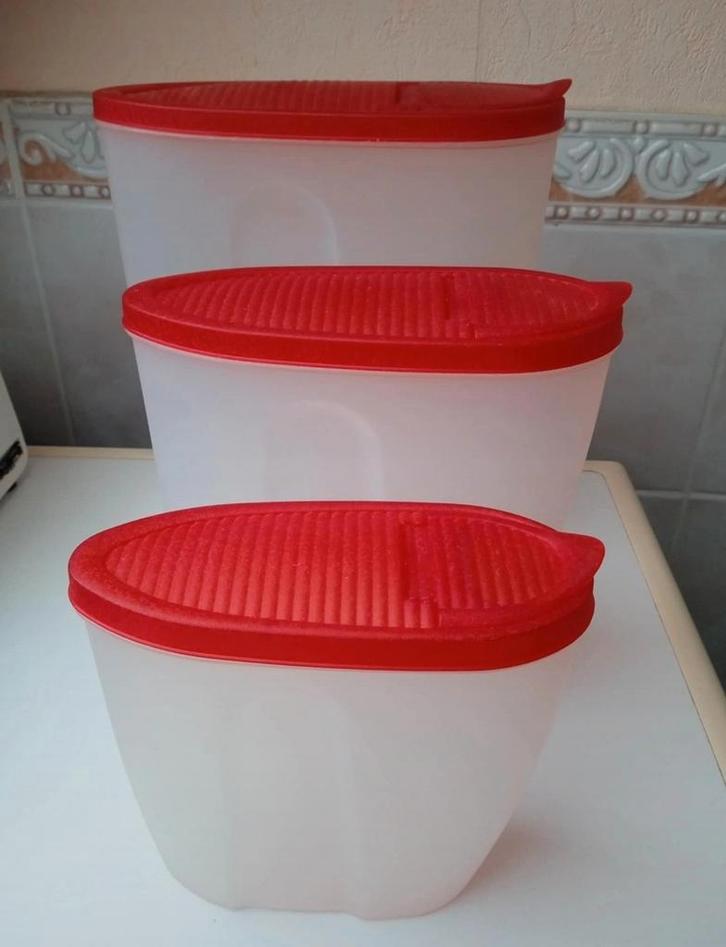 Set van 3 opberg dozen met rode deksels, Huis en Inrichting, Overige Huis en Inrichting, Gebruikt, Ophalen
