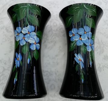 Art déco stijl zwart glazen vazen kleurrijk bloemmotief 2 st