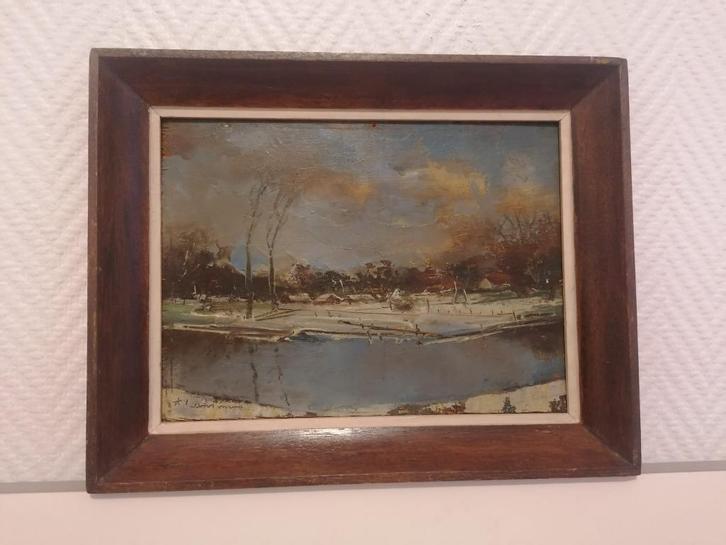 Olieverf op paneel, gesigneerd–Winterlandschap aan het water, Antiek en Kunst, Kunst | Schilderijen | Klassiek, Ophalen of Verzenden