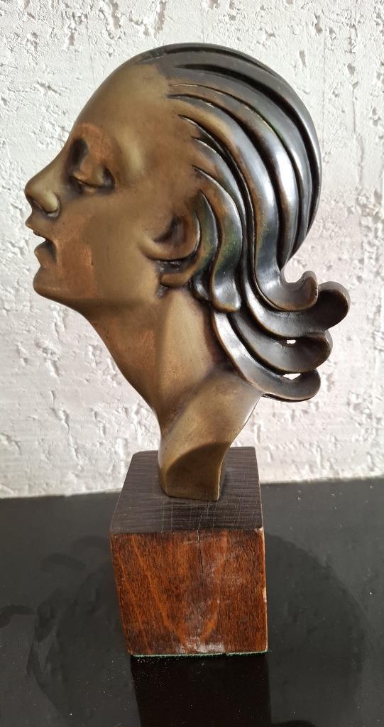 Bronzen damesprofiel op houten sokkel tijdperk art-deco, Antiek en Kunst, Antiek | Brons en Koper, Brons, Ophalen