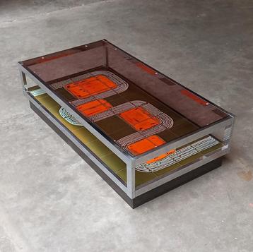 Vintage keramische salontafel, gerookt glas, chroom, hout ui beschikbaar voor biedingen