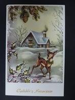 oude prentkaart Gelukkig Nieuwjaar beschreven met zegel, Verzamelen, Gelopen, Feest(dag), 1960 tot 1980, Ophalen of Verzenden