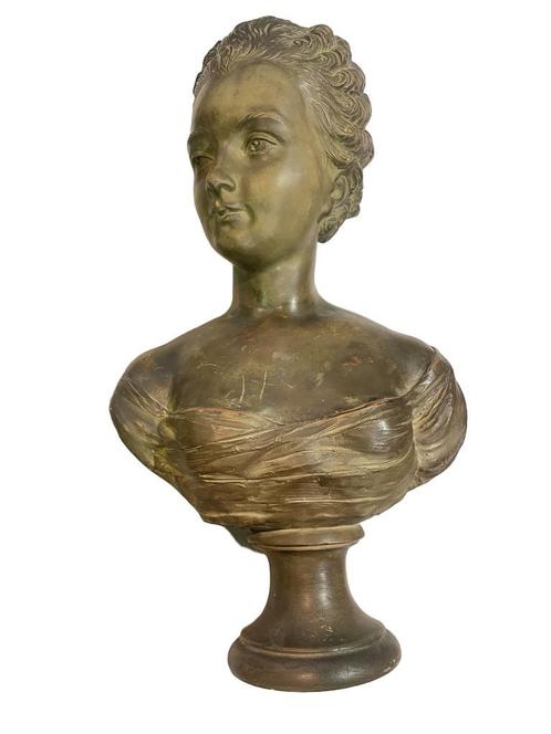 Terracotta buste van een jonge vrouw — gesigneerd Lebrun, Antiek en Kunst, Antiek | Keramiek en Aardewerk, Ophalen of Verzenden