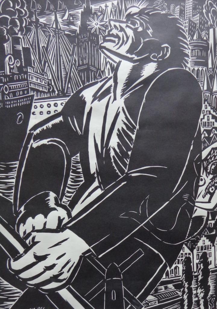 FRANS MASEREEL / ERE AAN VERHAEREN / ZW-W HOUTSNEDE 65x47cm, Antiek en Kunst, Kunst | Litho's en Zeefdrukken, Ophalen of Verzenden