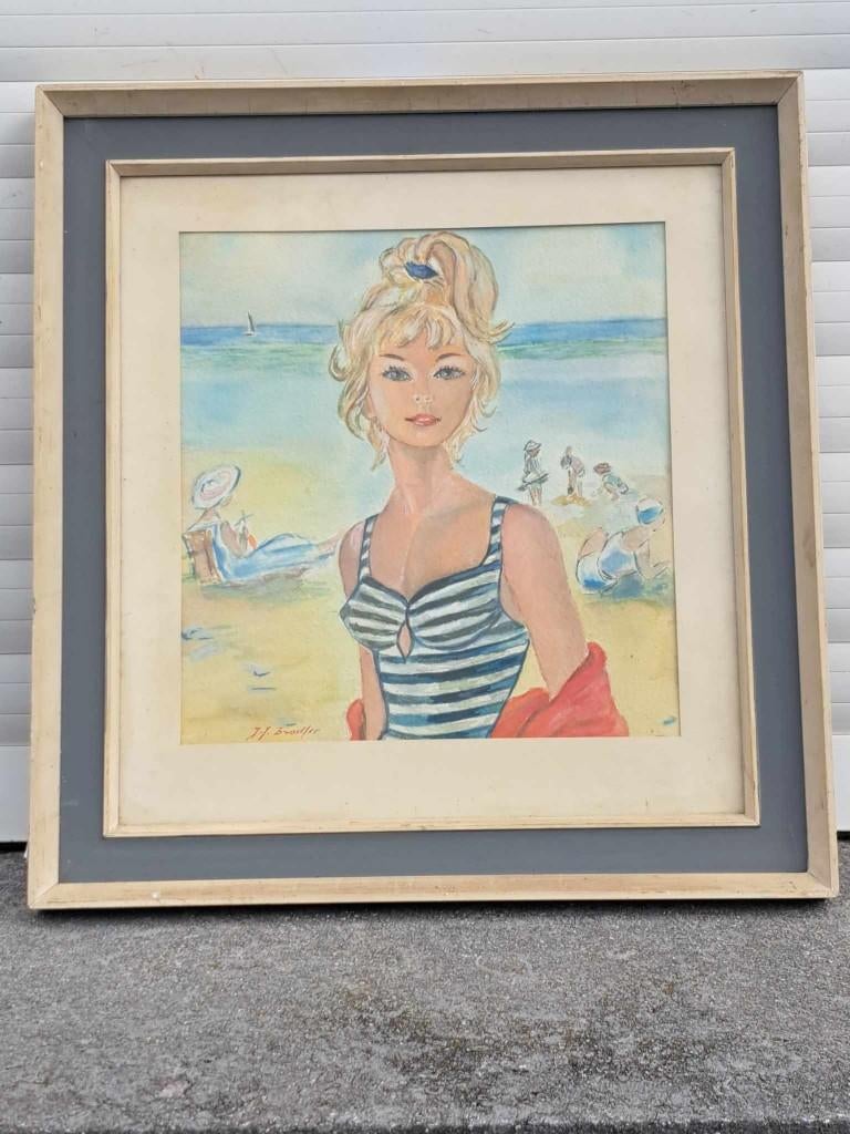 aquarelle jeune fille a la plage signe j j bradfer, Antiquités & Art, Enlèvement ou Envoi