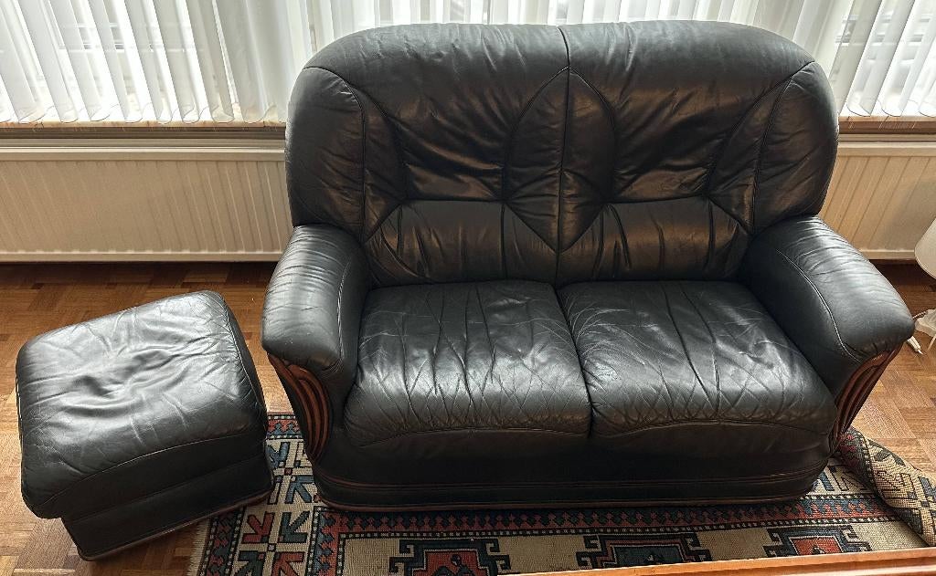 Salon ensemble 2 fauteuils et pouf en cuir noir, Maison & Meubles, 75 à 100 cm, 125 cm ou plus, Enlèvement, Utilisé