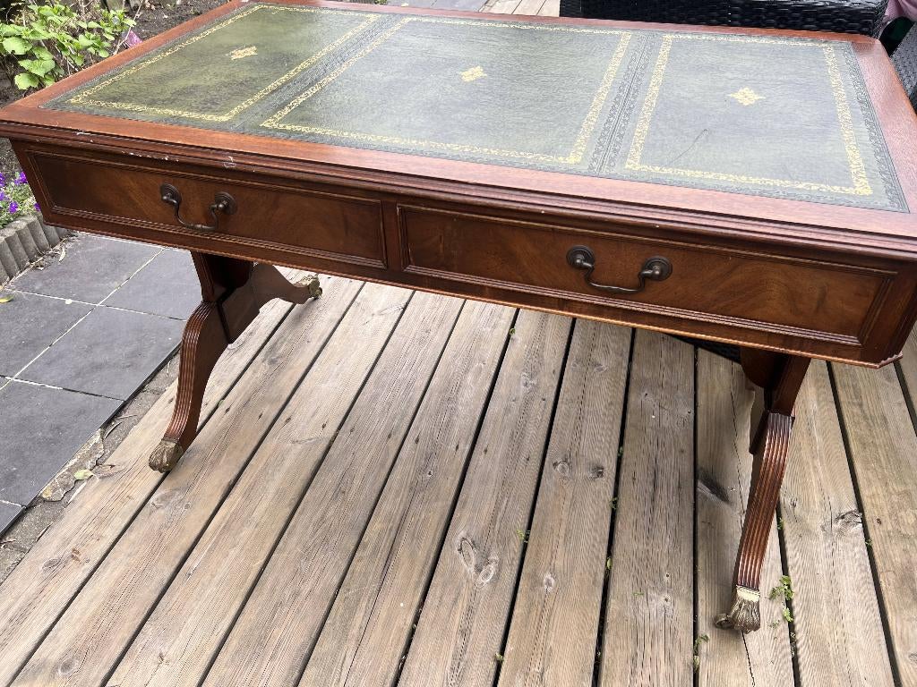 Klassiek Engels Bureau – Groen Leder & Messing Leeuwenpoten, Ophalen, 120 cm, Hout, Met lades
