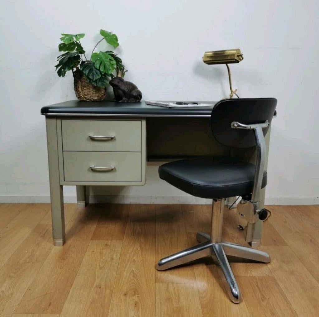 Vintage metalen bureau, Ophalen, Met lades, Vintage, Grijs