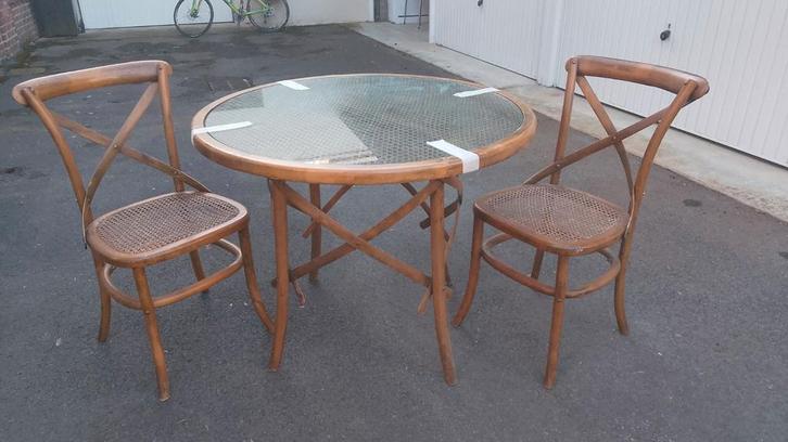 Jolie table style Thonet bois courbé et cannage + chaises, Maison & Meubles, Tables | Tables à manger, Comme neuf, Verre, Enlèvement