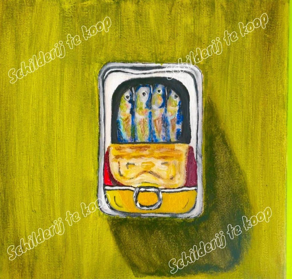 Uniek en origineel schilderij Sardientjes in blik, Antiek en Kunst, Ophalen of Verzenden