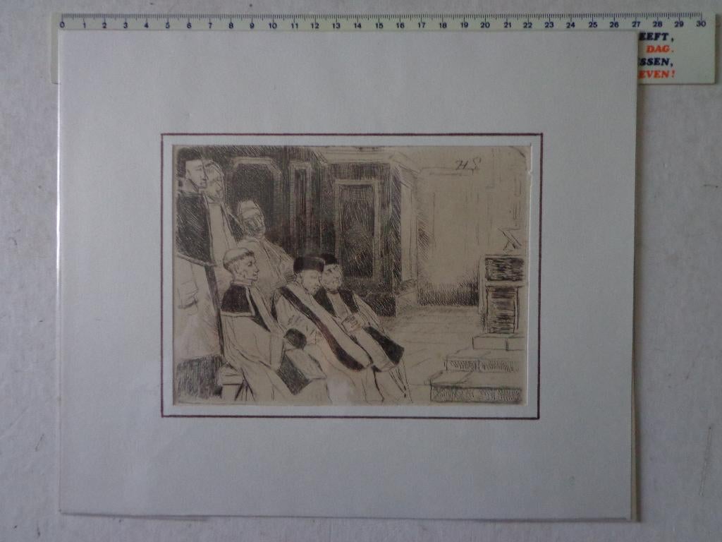 originele ets Henri Leys "La messe à l'épitre", Antiek en Kunst, Kunst | Etsen en Gravures, Ets, Met monogram, Met passe-partout