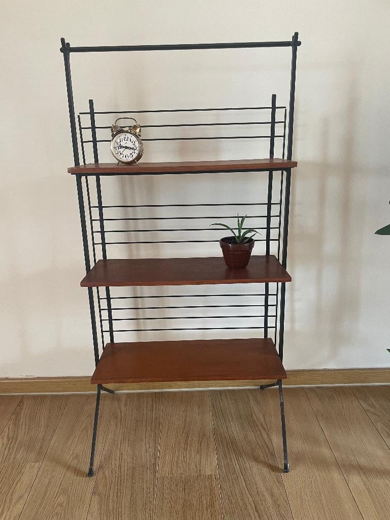 Vintage staand wandrek | Metaal en hout | 3 planken, Huis en Inrichting, Woonaccessoires | Wandplanken en Boekenplanken, Ophalen