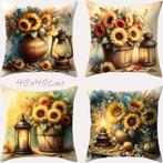 Set van 4 kussenhoezen zonnebloem olie lampje 40x40cm, Huis en Inrichting, Verzenden, Nieuw, Geel, Vierkant