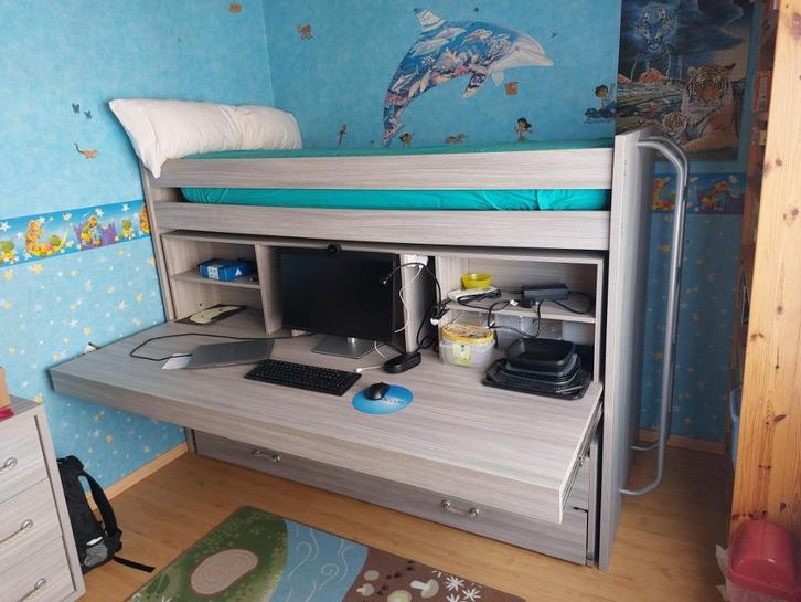 Lit et bureau, Maison & Meubles, Chambre à coucher | Lits, Utilisé, Une personne, 90 cm, 200 cm, Bois, Gris, Réglable, Enlèvement