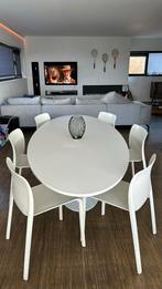 Witte ovale tafel(ovale poot) en 6 witte kunststofstoelen, Gebruikt, Ophalen of Verzenden, 6 tot 8 stoelen