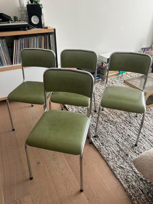 4 Chrome / groen vintage stoelen, Huis en Inrichting, Stoelen, Gebruikt, Vier, Leer, Overige kleuren, Ophalen