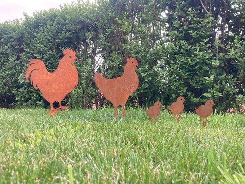 Cortenstaal-Familie Kip-Tuinprikker MetAgarden, Tuin en Terras, Tuinstekers, Nieuw, Ophalen of Verzenden