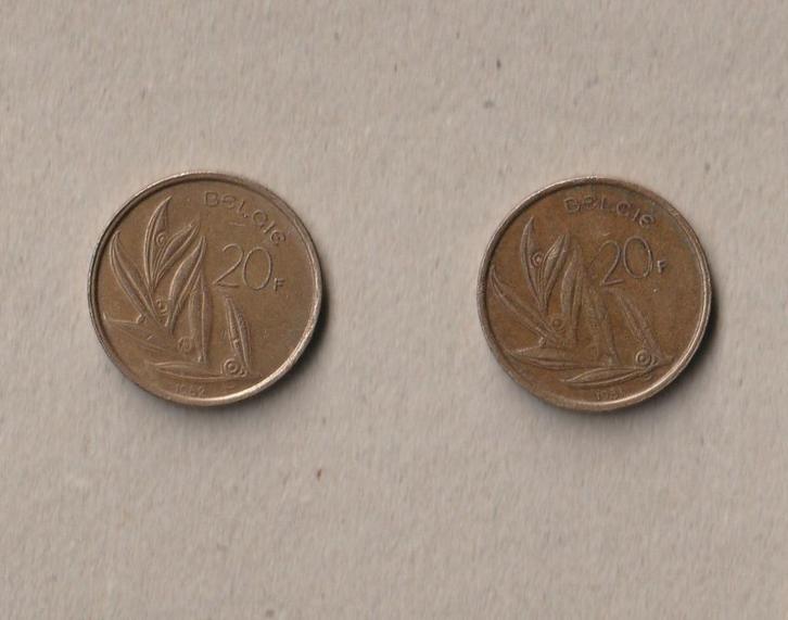 België : 2 (gebruikte) munten van 20 fr (1981 en 1982), Postzegels en Munten, Munten | België, Setje, Ophalen of Verzenden