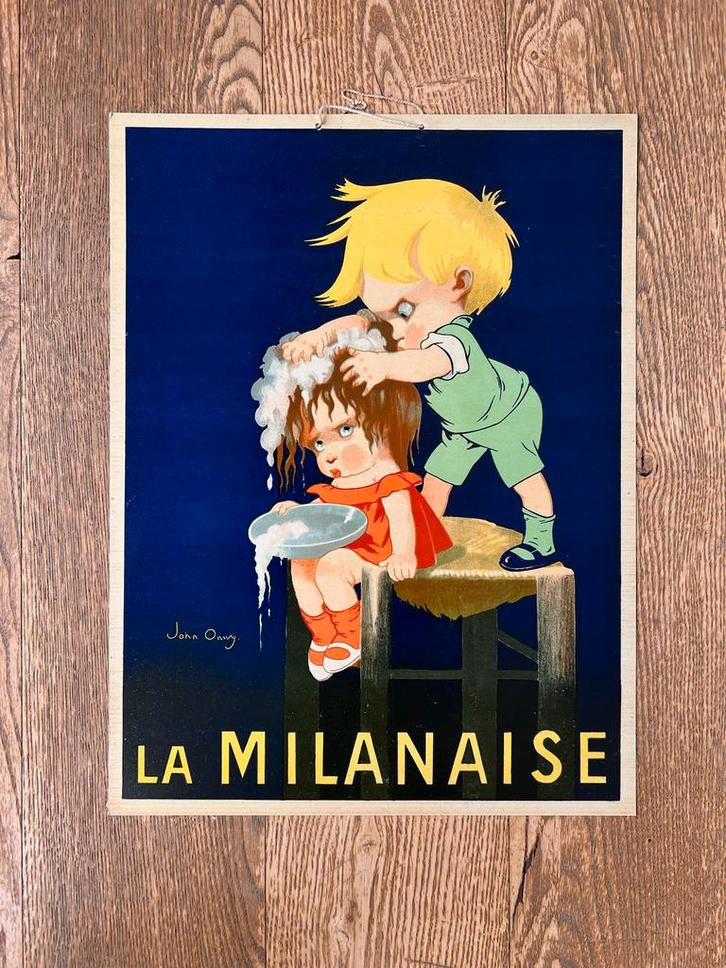 Retro reclamebord litho La Milanaise John Onwy, Verzamelen, Merken en Reclamevoorwerpen, Zo goed als nieuw, Reclamebord, Ophalen of Verzenden