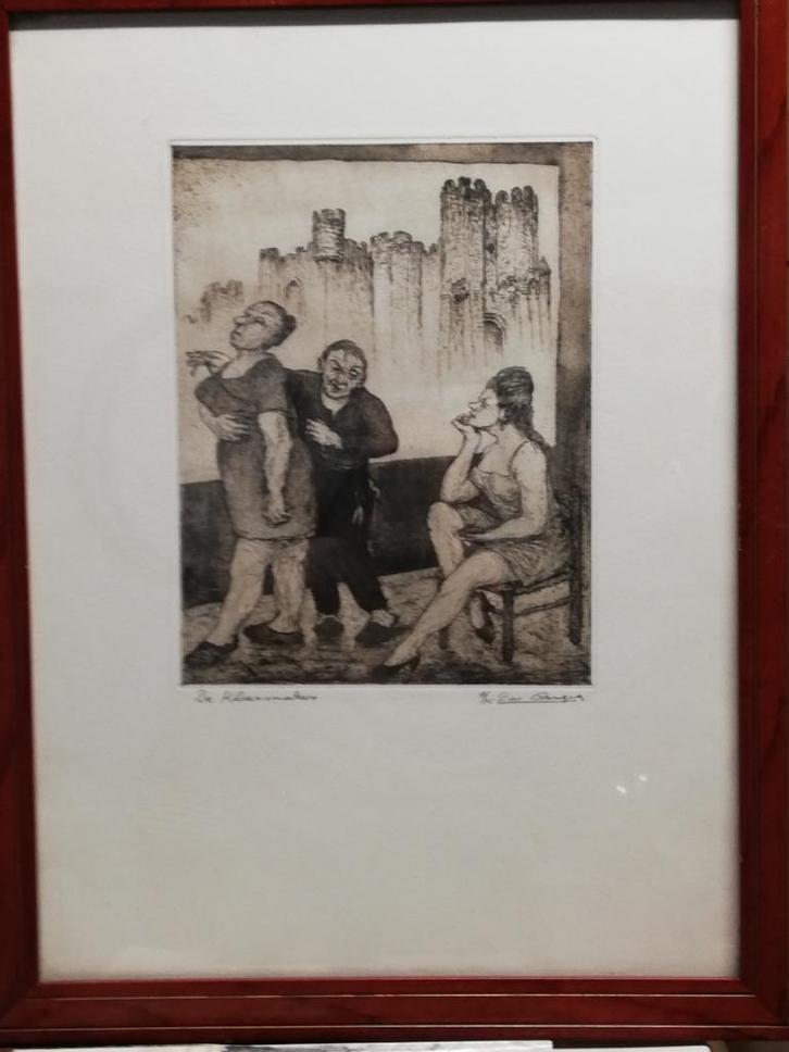 G Langie; ets; 'De Kleermaker', Gentse kunstenaar, Antiek en Kunst, Kunst | Etsen en Gravures, Ophalen of Verzenden