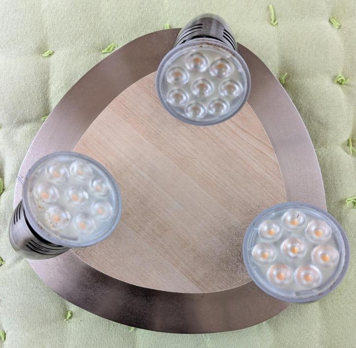 Massieve plafondlamp 3 x 50W en inclusief 3 LED's, Huis en Inrichting, Lampen | Plafondlampen, Gebruikt, Hout, Metaal, Ophalen of Verzenden
