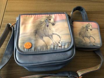 Mooi, nieuw, blauw tasje en portemonnee met paard