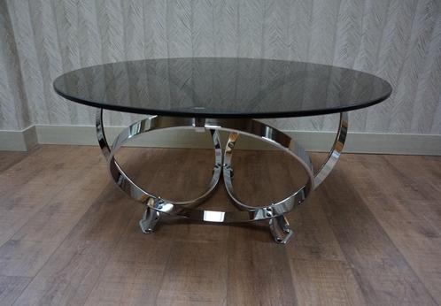 Vintage ronde salontafel met chromen onderstel, Huis en Inrichting, Tafels | Salontafels, Gebruikt, Glas, Metaal, Ophalen