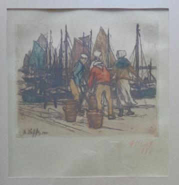 AUGUSTE OLEFFE / TERUGKEER VAN VISSERS / KLEURETS / 45x38cm beschikbaar voor biedingen