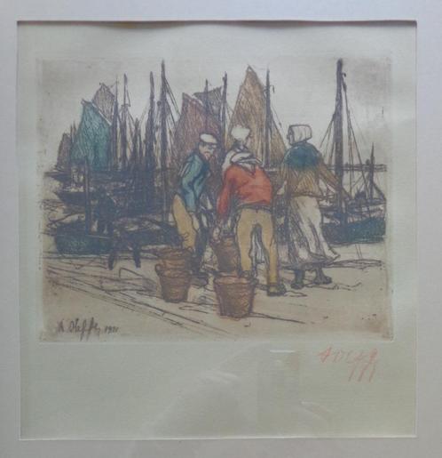 AUGUSTE OLEFFE / TERUGKEER VAN VISSERS / KLEURETS / 45x38cm, Antiek en Kunst, Kunst | Etsen en Gravures, Ophalen of Verzenden