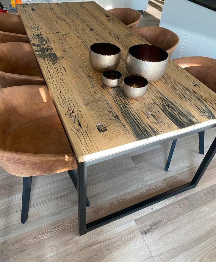 Eetkamer eiken wagonplanken, Huis en Inrichting, Complete inboedels, Ophalen