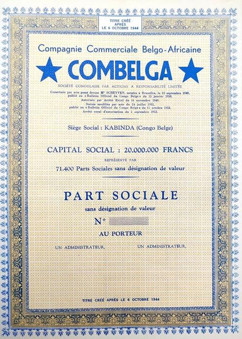 Combelga (Belgisch Congo) 1952, Postzegels en Munten, Aandelen en Waardepapieren, Aandeel, 1950 tot 1970, Ophalen of Verzenden