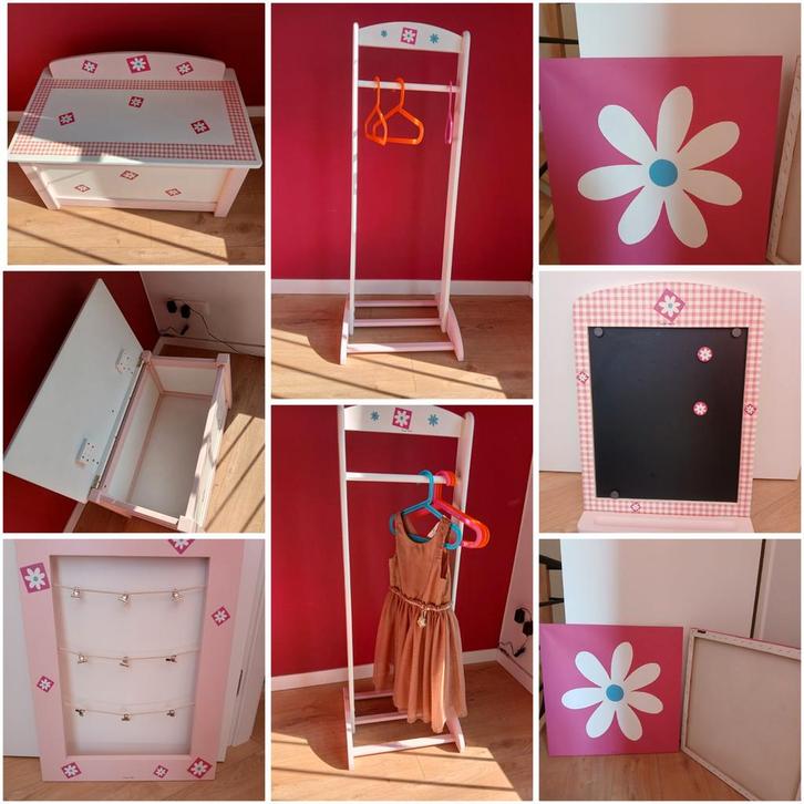 Kinderkamer meubels roze. Kist,kapstok,magneetbord,..., Verzamelen, Poppenhuizen en Toebehoren, Decoratie, Ophalen