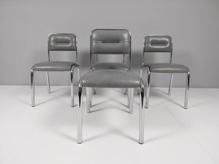 4 x Vintage Stoelen in Skai Leer, Jaren 70, Huis en Inrichting, Stoelen, Gebruikt, Vier, Leer, Grijs, Ophalen