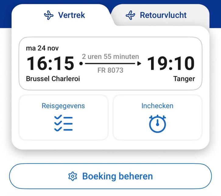 Retour Brussel-Tanger (Marokko) vlucht, Tickets en Kaartjes, Trein, Bus en Vliegtuig, Eén persoon, Met bestemming of datum, Vliegtuig