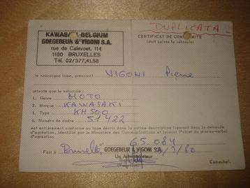 Ancien Certificat Conformité Moto Kawasaki KH-500 1980 beschikbaar voor biedingen