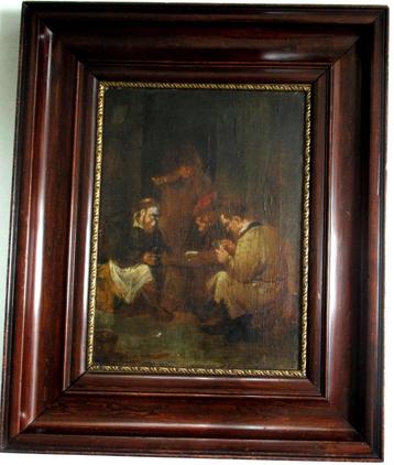 Antiek schilderij The Card Players olieverf linnen op paneel beschikbaar voor biedingen