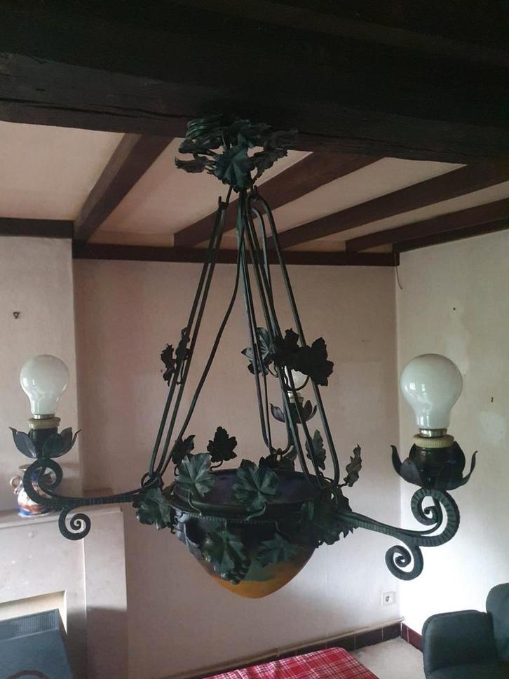 Art Deco smeedijzeren luchter met druivenmotief – ca. 1925, Huis en Inrichting, Lampen | Kroonluchters, Gebruikt, Ophalen